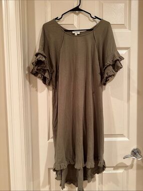Umgee Olive Green High-Low Ruffle Sleeve Dress